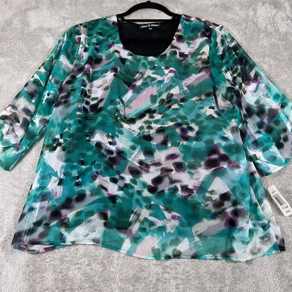 Aimee D Petites Women's XL 3/4 Sleeve Abstract Watercolor Blouse NEW